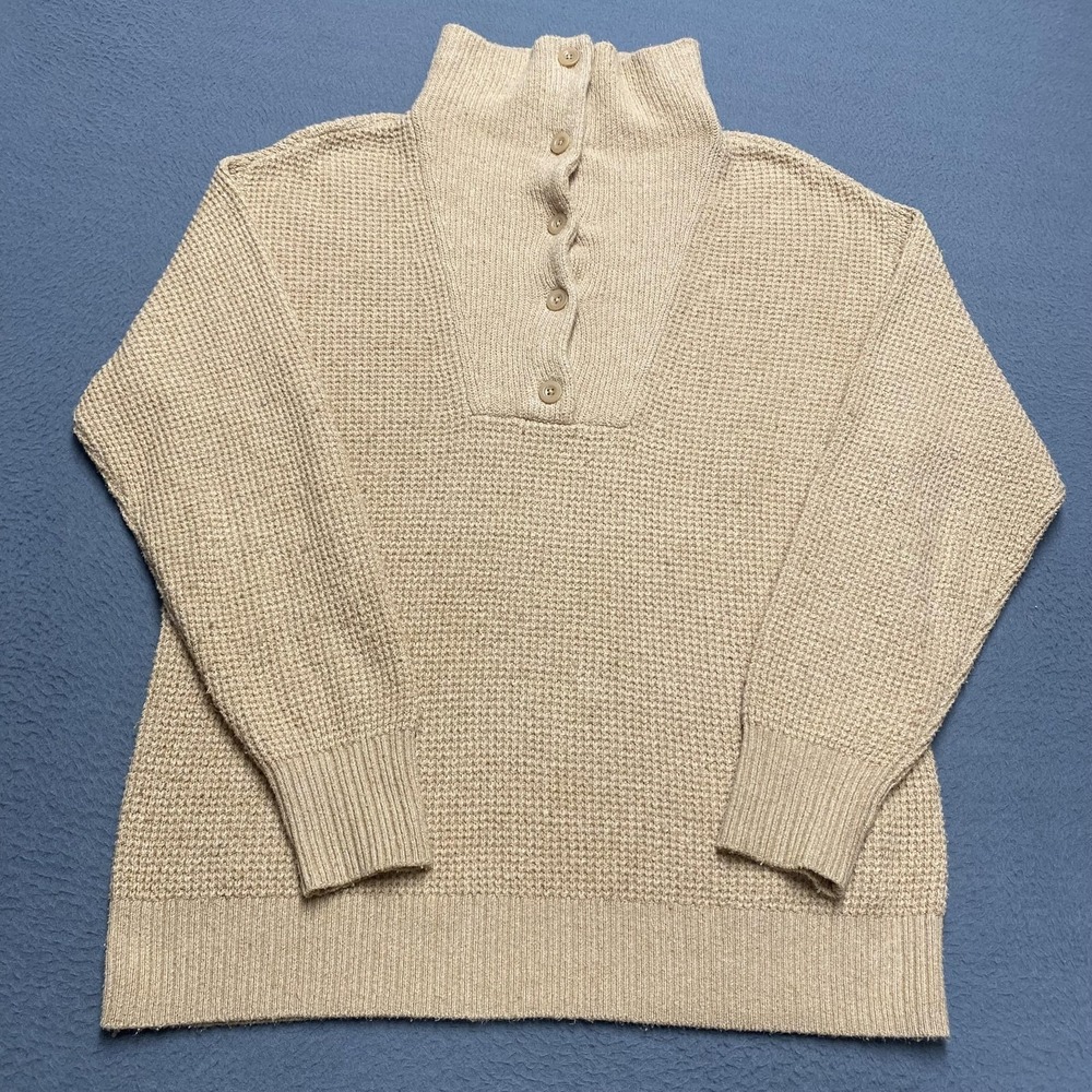 Aerie Sweater Pullover Womens‎ XS Beige High Neck Waffle-Knit Button Long Sleeve